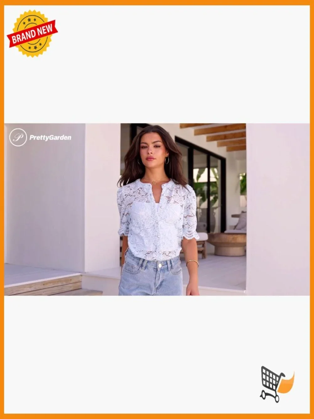 Spring Lace Blouse Short Puff Sleeve Crew Neck Button Down Casual Dressy Top - Picture 7 of 7